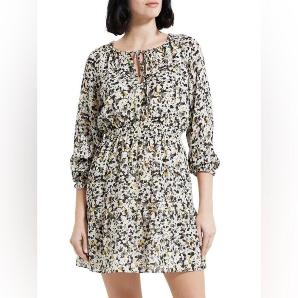 NWOT THEORY Gathered Shirt Dress in Floral Silk Crepe Small